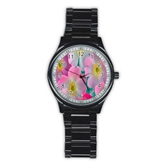 Pink Neon Flowers, Flower Stainless Steel Round Watch by nateshop