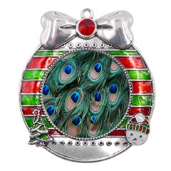 Peacock-feathers,blue2 Metal X mas Ribbon With Red Crystal Round Ornament