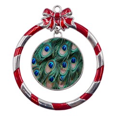 Peacock-feathers,blue2 Metal Red Ribbon Round Ornament by nateshop
