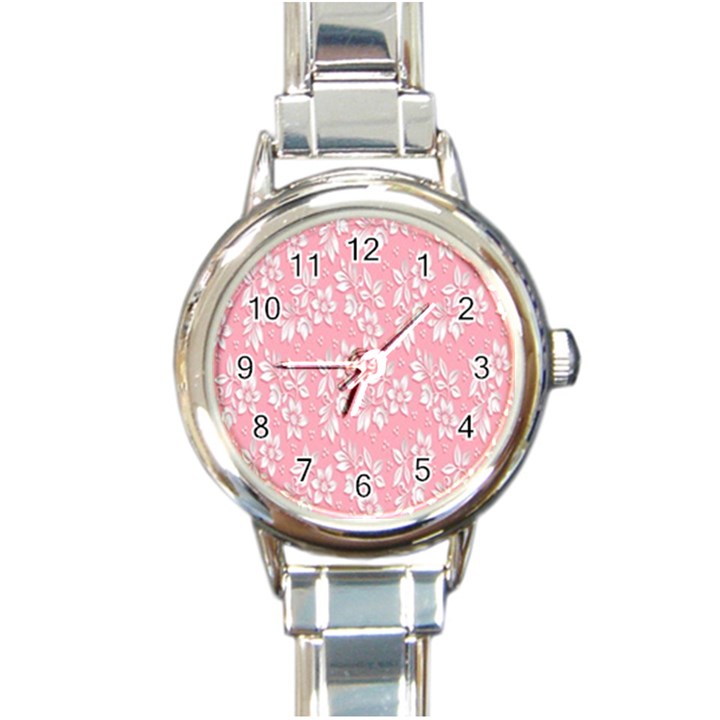 Pink Texture With White Flowers, Pink Floral Background Round Italian Charm Watch