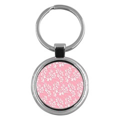 Pink Texture With White Flowers, Pink Floral Background Key Chain (round) by nateshop