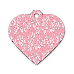 Pink Texture With White Flowers, Pink Floral Background Dog Tag Heart (one Side) by nateshop
