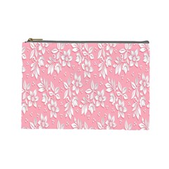 Pink Texture With White Flowers, Pink Floral Background Cosmetic Bag (large) by nateshop