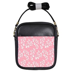 Pink Texture With White Flowers, Pink Floral Background Girls Sling Bag by nateshop
