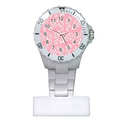 Pink Texture With White Flowers, Pink Floral Background Plastic Nurses Watch by nateshop