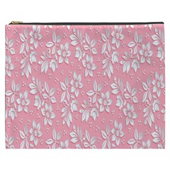 Pink Texture With White Flowers, Pink Floral Background Cosmetic Bag (xxxl) by nateshop