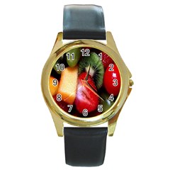 Fruits, Food, Green, Red, Strawberry, Yellow Round Gold Metal Watch