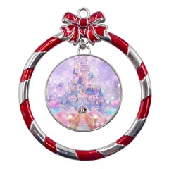 Disney Castle, Mickey And Minnie Metal Red Ribbon Round Ornament by nateshop