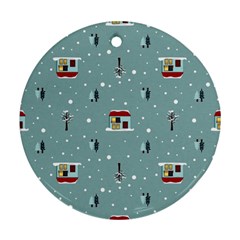 Seamless Pattern With Festive Christmas Houses Trees In Snow And Snowflakes Ornament (Round)