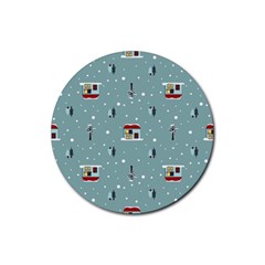 Seamless Pattern With Festive Christmas Houses Trees In Snow And Snowflakes Rubber Round Coaster (4 pack)