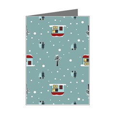 Seamless Pattern With Festive Christmas Houses Trees In Snow And Snowflakes Mini Greeting Card