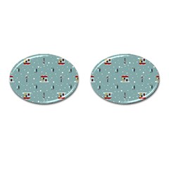 Seamless Pattern With Festive Christmas Houses Trees In Snow And Snowflakes Cufflinks (Oval)