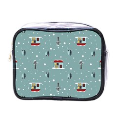 Seamless Pattern With Festive Christmas Houses Trees In Snow And Snowflakes Mini Toiletries Bag (One Side)