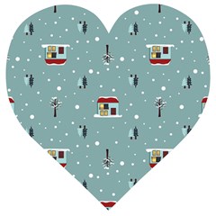 Seamless Pattern With Festive Christmas Houses Trees In Snow And Snowflakes Wooden Puzzle Heart