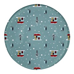 Seamless Pattern With Festive Christmas Houses Trees In Snow And Snowflakes Round Glass Fridge Magnet (4 pack)