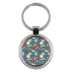 Winter Blue Christmas Snowman Pattern Key Chain (round) by Grandong