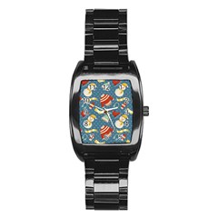 Winter Blue Christmas Snowman Pattern Stainless Steel Barrel Watch by Grandong