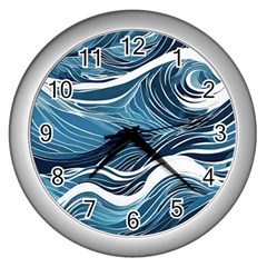 Abstract Blue Ocean Wave Wall Clock (silver)