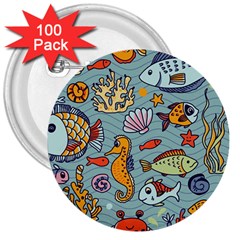 Cartoon Underwater Seamless Pattern With Crab Fish Seahorse Coral Marine Elements 3  Buttons (100 Pack) 