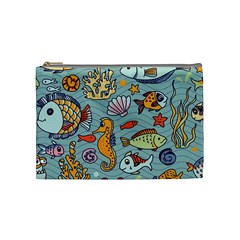 Cartoon Underwater Seamless Pattern With Crab Fish Seahorse Coral Marine Elements Cosmetic Bag (medium) by uniart180623