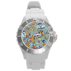 Cartoon Underwater Seamless Pattern With Crab Fish Seahorse Coral Marine Elements Round Plastic Sport Watch (l) by uniart180623