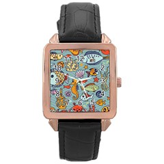 Cartoon Underwater Seamless Pattern With Crab Fish Seahorse Coral Marine Elements Rose Gold Leather Watch  by uniart180623