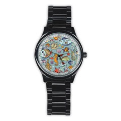 Cartoon Underwater Seamless Pattern With Crab Fish Seahorse Coral Marine Elements Stainless Steel Round Watch by uniart180623