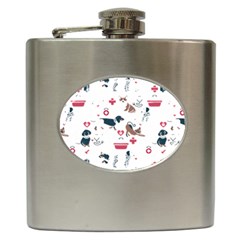 Veterinarian Gift T- Shirt Veterinary Medicine, Happy And Healthy Friends    Pattern    Coral Backgr Hip Flask (6 Oz) by ZUXUMI