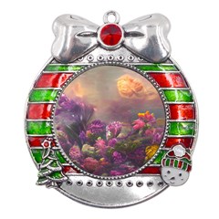 Floral Blossoms  Metal X mas Ribbon With Red Crystal Round Ornament by Internationalstore