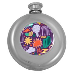 Colorful Shapes On A Purple Background Round Hip Flask (5 Oz) by LalyLauraFLM