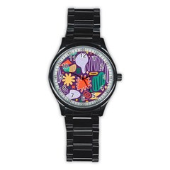 Colorful Shapes On A Purple Background Stainless Steel Round Watch by LalyLauraFLM