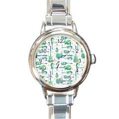 Guitars Music Notes Seamless Pattern Round Italian Charm Watch by Pakjumat