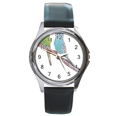 Budgies T- Shirt Cute Budgies - Green And Blue T- Shirt Round Metal Watch by EnriqueJohnson