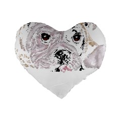 Bulldog T- Shirt Painting Of A Brown And White Bulldog Lying Down With His Tongue Out T- Shirt Standard 16  Premium Heart Shape Cushions by EnriqueJohnson