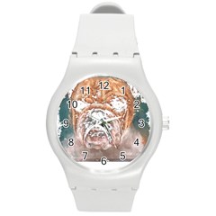 Bulldog T- Shirt Painting Of A Bulldog With Angry Face T- Shirt Round Plastic Sport Watch (m)