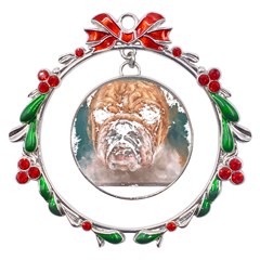 Bulldog T- Shirt Painting Of A Bulldog With Angry Face T- Shirt Metal X mas Wreath Ribbon Ornament by EnriqueJohnson