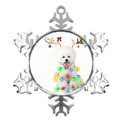 White Bichon Frise Dog Snow Reindeer S T- Shirt White Bichon Frise  Dog Snow Reindeer Santa Hat Chri Metal Small Snowflake Ornament by ZUXUMI
