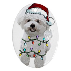 White Bichon Frise Dog T- Shirt White Bichon Frise Dog Santa Christmas Tree Lights Xmas T- Shirt Oval Ornament (two Sides) by ZUXUMI