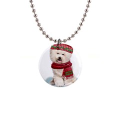 White Bichon Frise Santa Xmas T- Shirt Red Winter Hat Scarf Christmas Cap White Bichon Frise  Santa 1  Button Necklace by ZUXUMI