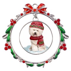 White Bichon Frise Santa Xmas T- Shirt Red Winter Hat Scarf Christmas Cap White Bichon Frise  Santa Metal X mas Wreath Ribbon Ornament by ZUXUMI