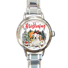 White Labrador Santa Merry T- Shirt Red Winter Christmas Hat House White Labrador  Santa Merry T- Sh Round Italian Charm Watch by ZUXUMI