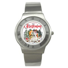 White Labrador Santa Merry T- Shirt Red Winter Christmas Hat House White Labrador  Santa Merry T- Sh Stainless Steel Watch