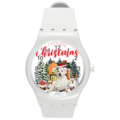 White Labrador Santa Merry T- Shirt Red Winter Christmas Hat House White Labrador  Santa Merry T- Sh Round Plastic Sport Watch (M)