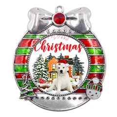 White Labrador Santa Merry T- Shirt Red Winter Christmas Hat House White Labrador  Santa Merry T- Sh Metal X Mas Ribbon With Red Crystal Round Ornament