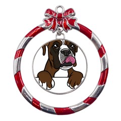 Boxer Dog T- Shirt Boxer T- Shirt Metal Red Ribbon Round Ornament by JamesGoode