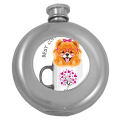 Pomeranian Dog T-shirtcute Pomeranian Dog Peeking Out Of A Mug T-shirt Round Hip Flask (5 Oz) by EnriqueJohnson