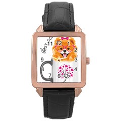 Pomeranian Dog T-shirtcute Pomeranian Dog Peeking Out Of A Mug T-shirt Rose Gold Leather Watch  by EnriqueJohnson