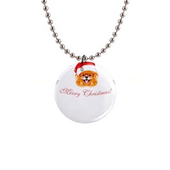 Pomeranian Dog T-shirthappy Pomeranian Dog Wearing Eyeglasses And Santa Hat T-shirt 1  Button Necklace by EnriqueJohnson