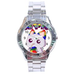 Gay Pride T- Shirt Gay Pride Kawaii Cat Strawberry Milk Rainbow Flag T- Shirt Stainless Steel Analogue Watch by ZUXUMI