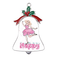 Happy Girl Metal Holly Leaf Bell Ornament